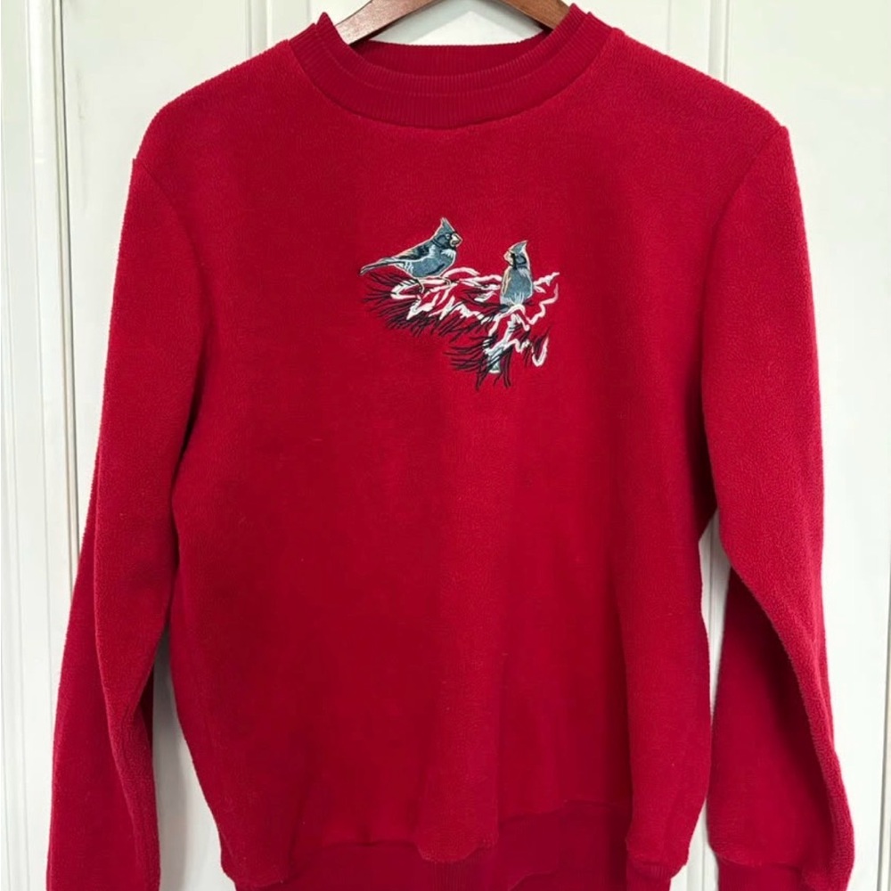 Vintage Red Crewneck Sweater with Embroidered Birds